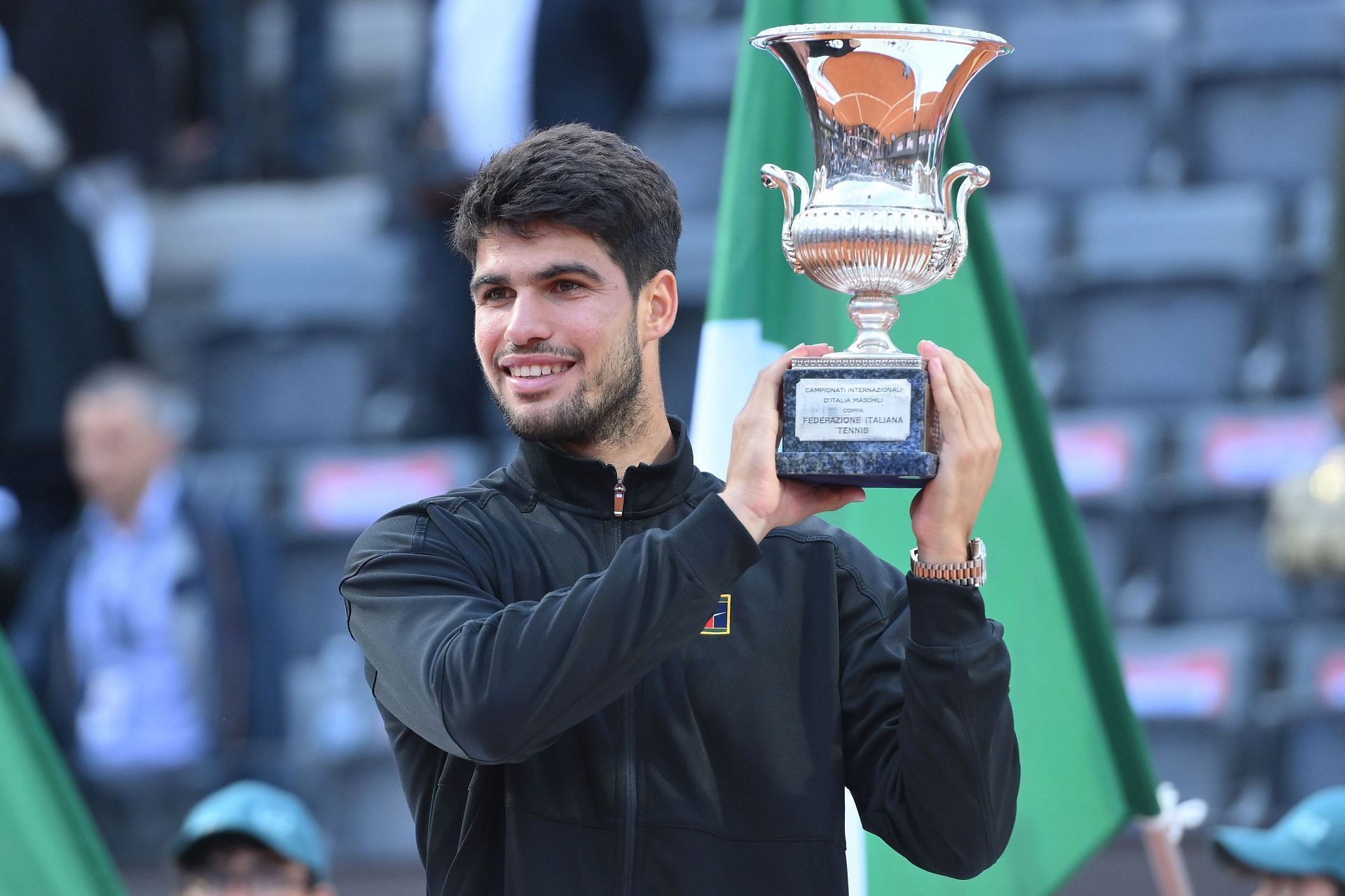 Carlos Alcaraz celebrates after winning the Italian Open. Source: Getty